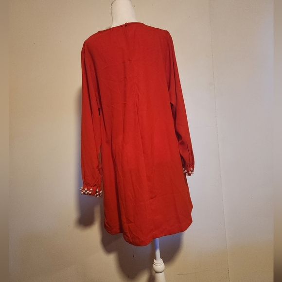 Bright Red H&M Shift Dress With Pearl Embellished Long Sleeves 12 EUC - Picture 8 of 11